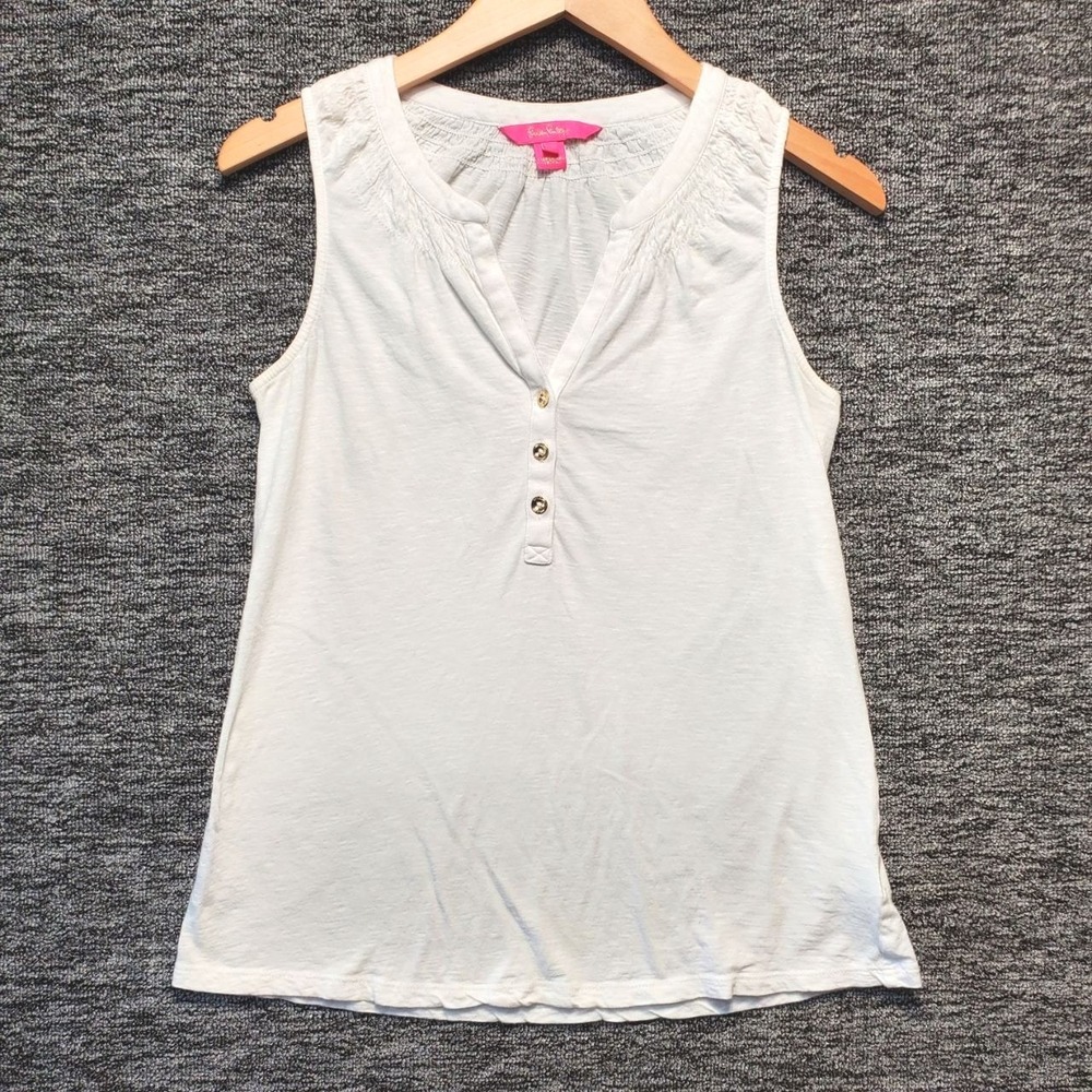 Lilly Pulitzer Henley Tank Top Womens XS White Cotton Smocked Sleeveless Casual